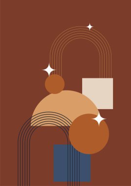 Güneş ay ve manzara ile boho tarzında soyut çağdaş posterler. Ev dekorasyonu, duvar dekorasyonu ya da kapaklar için asgari altyapı. Vektör illüstrasyonu