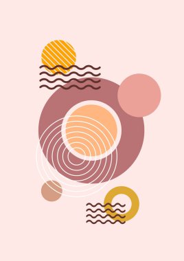 Soyut geometrik, doğal şekiller. Yüzyılın ortalarında yapılmış bir poster. Modern illüstrasyon: minimalist baskı, poster, boho duvar dekoru, düz tasarım Vector minimal sanat