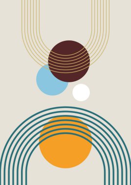 Soyut geometrik, doğal şekiller. Yüzyılın ortalarında yapılmış bir poster. Modern illüstrasyon: minimalist baskı, poster, boho duvar dekoru, düz tasarım Vector minimal sanat