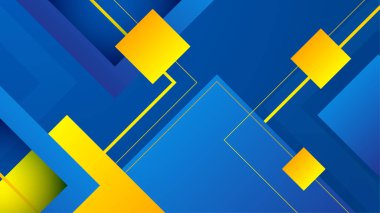 Soyut arka plan, turuncu ve mavi dalgalı şekiller, çizgiler, çizgiler, kare, geometrik memphis elementleri ve daireler. Vektör illüstrasyonu