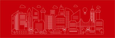 Şehir merkezi silueti şehir merkezi, şehir arabası ve panoramik binalar, arka plan vektör çizimi, düz tasarım, kırmızı zemin, beyaz çizgiler.