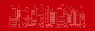 Şehir merkezi silueti şehir merkezi, şehir arabası ve panoramik binalar, arka plan vektör çizimi, düz tasarım, kırmızı zemin, beyaz çizgiler.