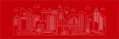 Şehir merkezi silueti şehir merkezi, şehir arabası ve panoramik binalar, arka plan vektör çizimi, düz tasarım, kırmızı zemin, beyaz çizgiler.