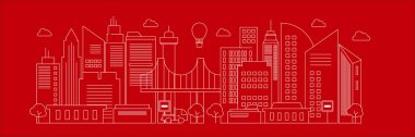 Şehir merkezi silueti şehir merkezi, şehir arabası ve panoramik binalar, arka plan vektör çizimi, düz tasarım, kırmızı zemin, beyaz çizgiler.