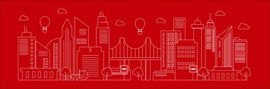 Şehir merkezi silueti şehir merkezi, şehir arabası ve panoramik binalar, arka plan vektör çizimi, düz tasarım, kırmızı zemin, beyaz çizgiler.