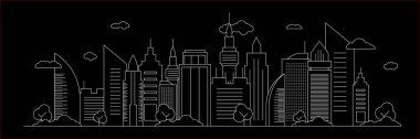 Şehir merkezi silueti şehir merkezi, şehir arabası ve panoramik binalar düz tasarım tarzında arka plan vektör çizimi