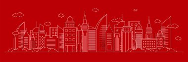 Şehir merkezi silueti şehir merkezi, şehir arabası ve panoramik binalar, arka plan vektör çizimi, kırmızı arka planda düz tasarım tarzı.