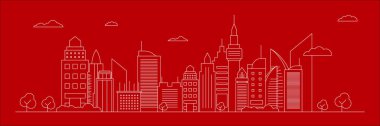 Şehir merkezi silueti şehir merkezi, şehir arabası ve panoramik binalar, arka plan vektör çizimi, kırmızı arka planda düz tasarım tarzı.