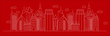Şehir merkezi silueti şehir merkezi, şehir arabası ve panoramik binalar, arka plan vektör çizimi, kırmızı arka planda düz tasarım tarzı.