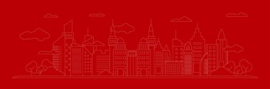Şehir merkezi silueti şehir merkezi, şehir arabası ve panoramik binalar, arka plan vektör çizimi, kırmızı arka planda düz tasarım tarzı.
