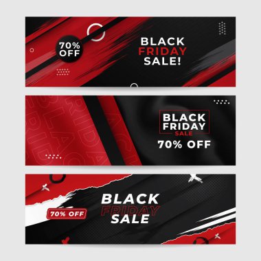 Kara Cuma tasarım şablonu. Kara Cuma indirimli yatay afişi, siyah kırmızı arka planı ve metin için yeri var. Kara Cuma indirimi için tasarım şablonu. Vektör illüstrasyonu.