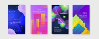 Renkli sosyal medya hikayelerinin oluşturduğu vektör kümesi şablonlar, metin için kopya alanı olan arka planlar tasarlıyor. Sosyal ağlar ve vektör illüstrasyonları için modaya uygun bir şablon. Sosyal medya için tasarım.