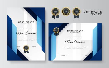 İş dünyası için modern mavi ve altın sertifika tasarımı ve altın rozetli başarı ödülü
