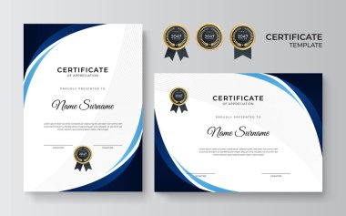 İş dünyası için modern mavi ve altın sertifika tasarımı ve altın rozetli başarı ödülü