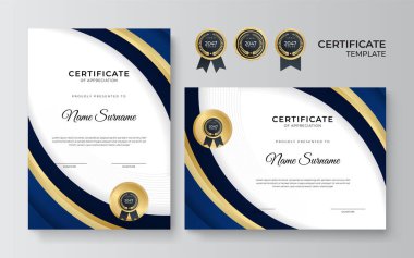 İş dünyası için modern mavi ve altın sertifika tasarımı ve altın rozetli başarı ödülü