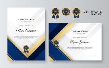 İş dünyası için modern mavi ve altın sertifika tasarımı ve altın rozetli başarı ödülü