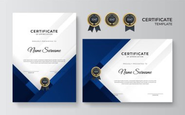 İş dünyası için modern mavi ve altın sertifika tasarımı ve altın rozetli başarı ödülü