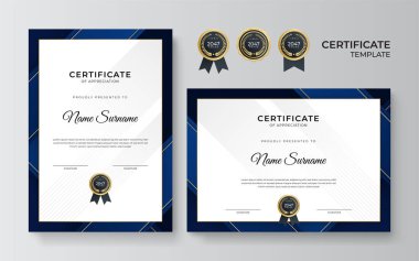 İş dünyası için modern mavi ve altın sertifika tasarımı ve altın rozetli başarı ödülü