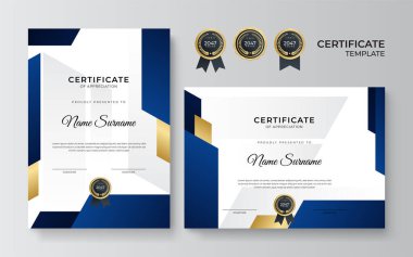 İş dünyası için modern mavi ve altın sertifika tasarımı ve altın rozetli başarı ödülü