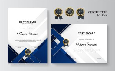 İş dünyası için modern mavi ve altın sertifika tasarımı ve altın rozetli başarı ödülü