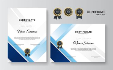 İş dünyası için modern mavi ve altın sertifika tasarımı ve altın rozetli başarı ödülü