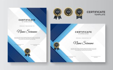 İş dünyası için modern mavi ve altın sertifika tasarımı ve altın rozetli başarı ödülü