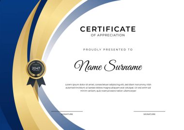 Başarı sertifikası. Altın rozetli mavi şablon tasarımı ve iş, ödül, onur ve okul sınırı.