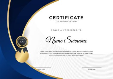 Başarı sertifikası. Altın rozetli mavi şablon tasarımı ve iş, ödül, onur ve okul sınırı.