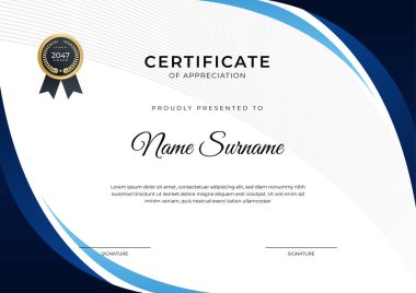 Başarı sertifikası. Altın rozetli mavi şablon tasarımı ve iş, ödül, onur ve okul sınırı.