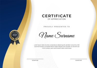 Başarı sertifikası. Altın rozetli mavi şablon tasarımı ve iş, ödül, onur ve okul sınırı.