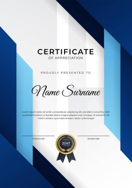 Başarı sertifikası. Altın rozetli mavi şablon tasarımı ve iş, ödül, onur ve okul sınırı.