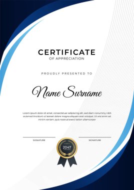 Başarı sertifikası. Altın rozetli mavi şablon tasarımı ve iş, ödül, onur ve okul sınırı.