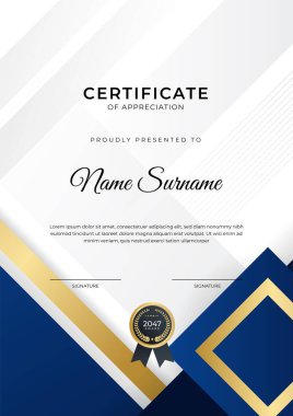 Başarı sertifikası. Altın rozetli mavi şablon tasarımı ve iş, ödül, onur ve okul sınırı.