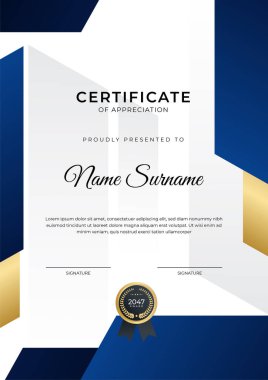 Başarı sertifikası. Altın rozetli mavi şablon tasarımı ve iş, ödül, onur ve okul sınırı.