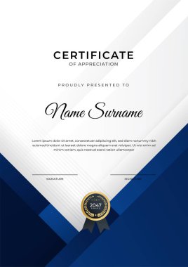 Başarı sertifikası. Altın rozetli mavi şablon tasarımı ve iş, ödül, onur ve okul sınırı.