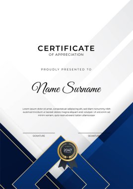 Başarı sertifikası. Altın rozetli mavi şablon tasarımı ve iş, ödül, onur ve okul sınırı.