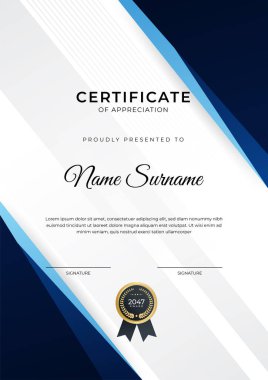 Başarı sertifikası. Altın rozetli mavi şablon tasarımı ve iş, ödül, onur ve okul sınırı.