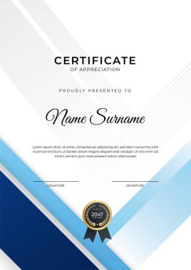 Başarı sertifikası. Altın rozetli mavi şablon tasarımı ve iş, ödül, onur ve okul sınırı.