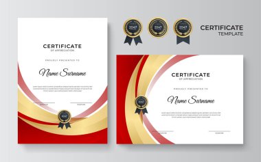 İş dünyası için modern kırmızı ve altın sertifika tasarımı ve altın rozetli başarı ödülü