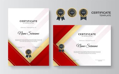 İş dünyası için modern kırmızı ve altın sertifika tasarımı ve altın rozetli başarı ödülü