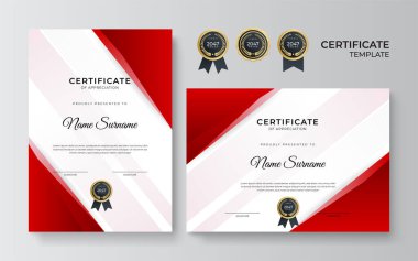 İş dünyası için modern kırmızı ve altın sertifika tasarımı ve altın rozetli başarı ödülü