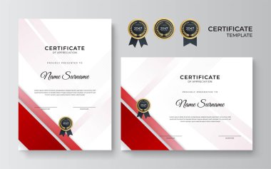 İş dünyası için modern kırmızı ve altın sertifika tasarımı ve altın rozetli başarı ödülü