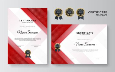 İş dünyası için modern kırmızı ve altın sertifika tasarımı ve altın rozetli başarı ödülü