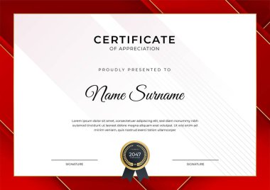Başarı sertifikası altın rozetli kırmızı şablon tasarımı ve iş, ödül, onur ve okul sınırı