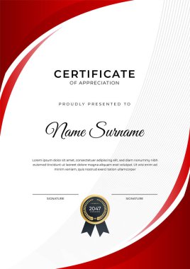 Başarı sertifikası altın rozetli kırmızı şablon tasarımı ve iş, ödül, onur ve okul sınırı