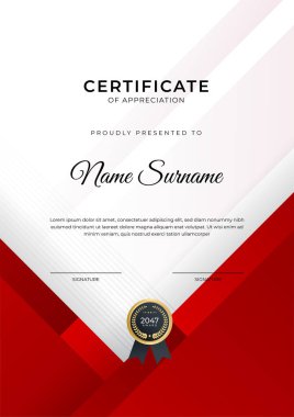 Başarı sertifikası altın rozetli kırmızı şablon tasarımı ve iş, ödül, onur ve okul sınırı