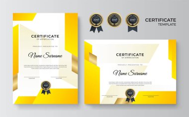 İş dünyası için modern turuncu ve sarı sertifika tasarımı ve altın rozetli başarı ödülü