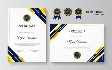 İş dünyası için modern mavi ve altın sertifika tasarımı ve altın rozetli başarı ödülü