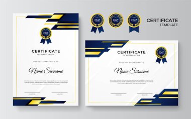 İş dünyası için modern mavi ve altın sertifika tasarımı ve altın rozetli başarı ödülü