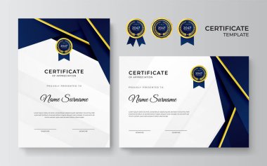 İş dünyası için modern mavi ve altın sertifika tasarımı ve altın rozetli başarı ödülü